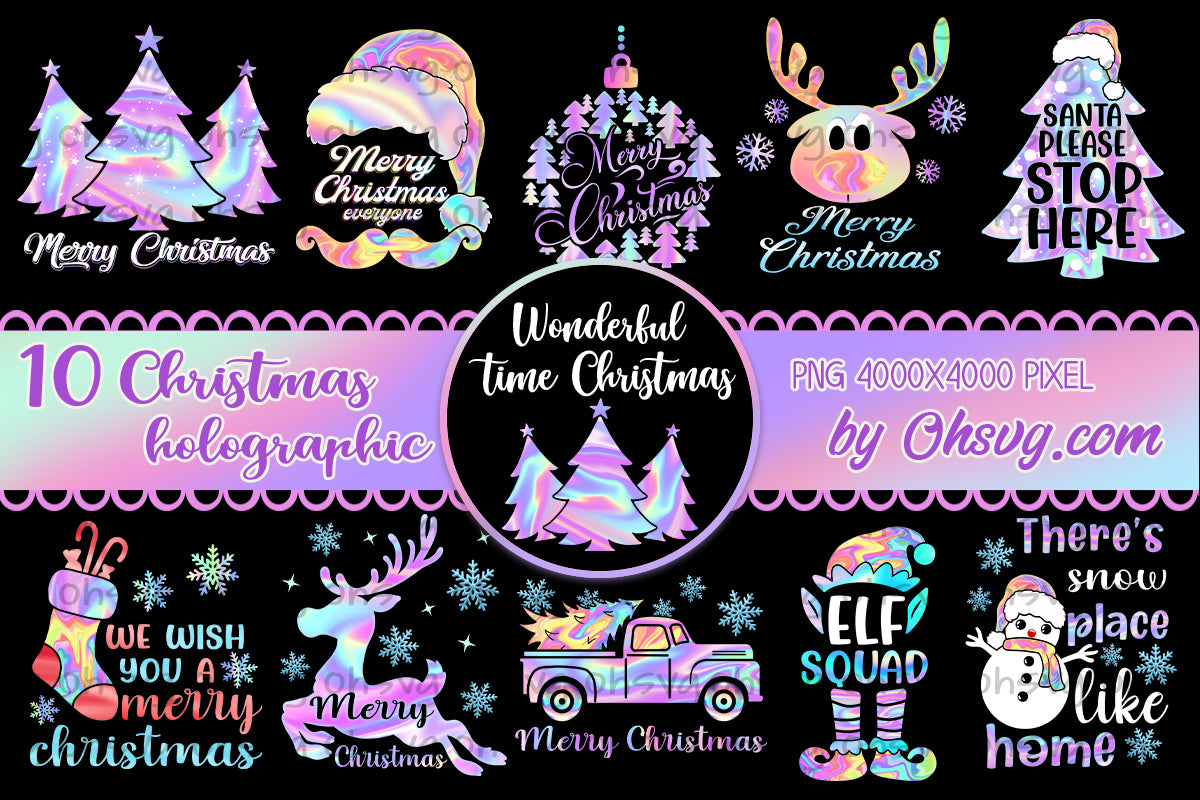 Christmas PNG Bundle, Holographic Christmas PNG, Hologram Christmas PNG