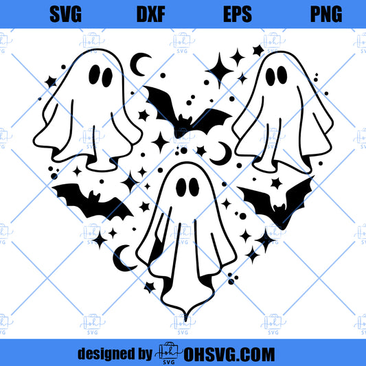 Ghost SVG, Spooky Season SVG, Kids Halloween SVG, Bat SVG, Creepy Ghost In Heart SVG