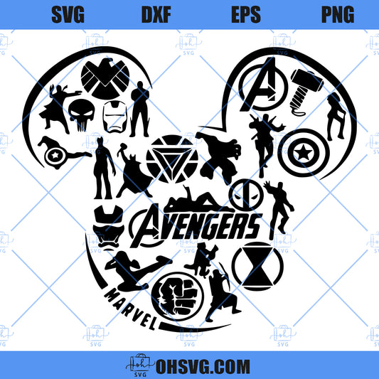 Superhero Collage Mickey Mouse SVG, Superhero Marvel Team In Mickey Head SVG