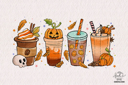Fall coffee PNG pumpkin spice latte iced warm cozy autumn orange digital file Sublimation design hand drawn Printable Graphic Clipart Tshirt