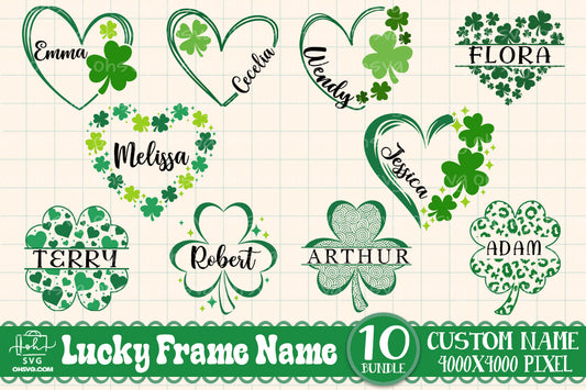Shamrocks Custom Name Bundle PNG, St Patricks Day PNG, Four-leaf Clover Frame Name PNG