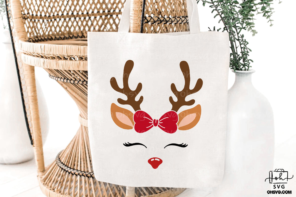 Reindeer With Bow PNG, Christmas Reindeer Face PNG, Girl Reindeer PNG