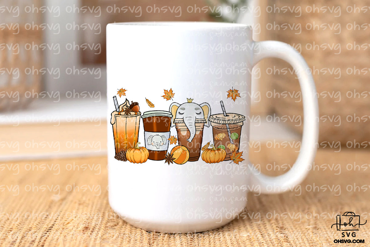 Elephant Cup Fall Coffee Drink Bundle PNG, Elephant Pumpkin Spice Latte Iced Warm Cozy PNG