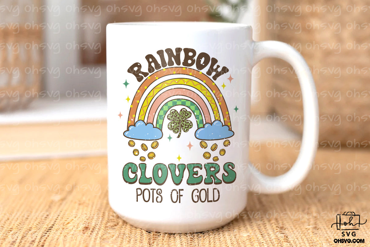 Rainbow Clovers Pots Of Gold PNG, Shamrock Lucky St Patrick's Day PNG