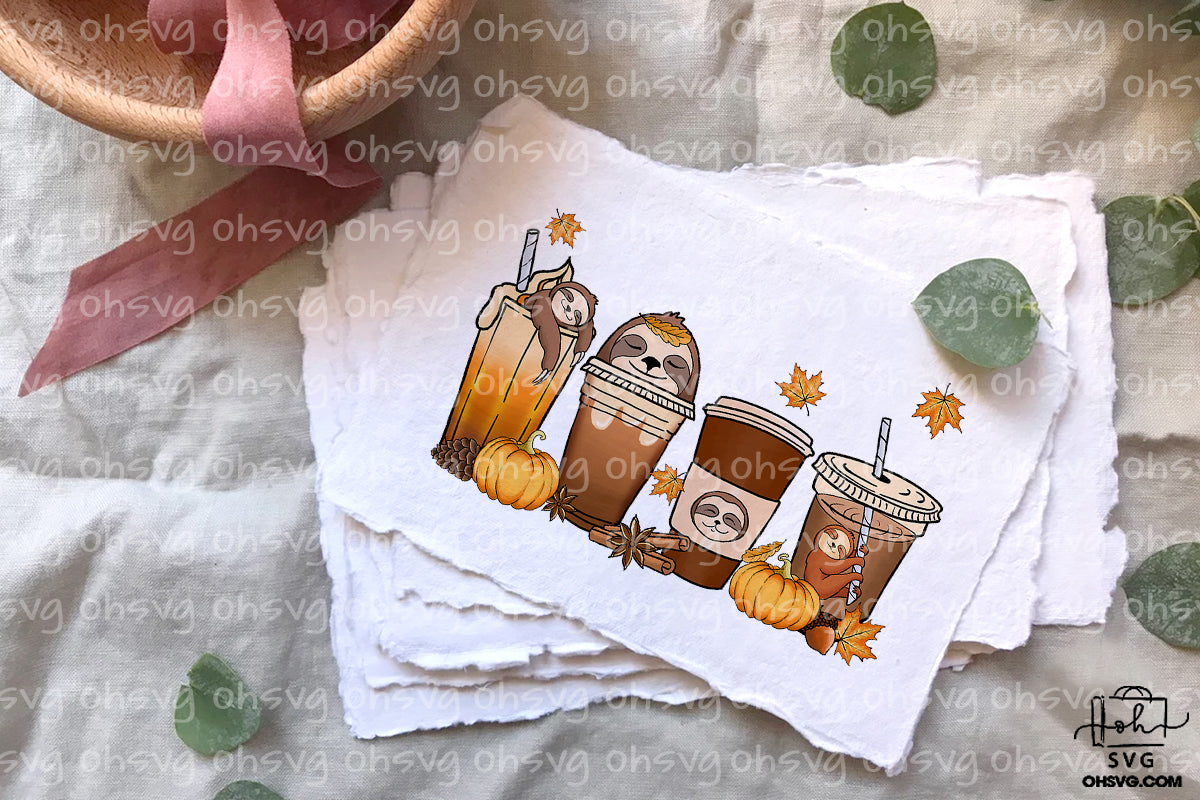 Sloth Cup Fall Coffee Drink Bundle PNG, Sloth Pumpkin Spice Latte Iced Warm Cozy PNG