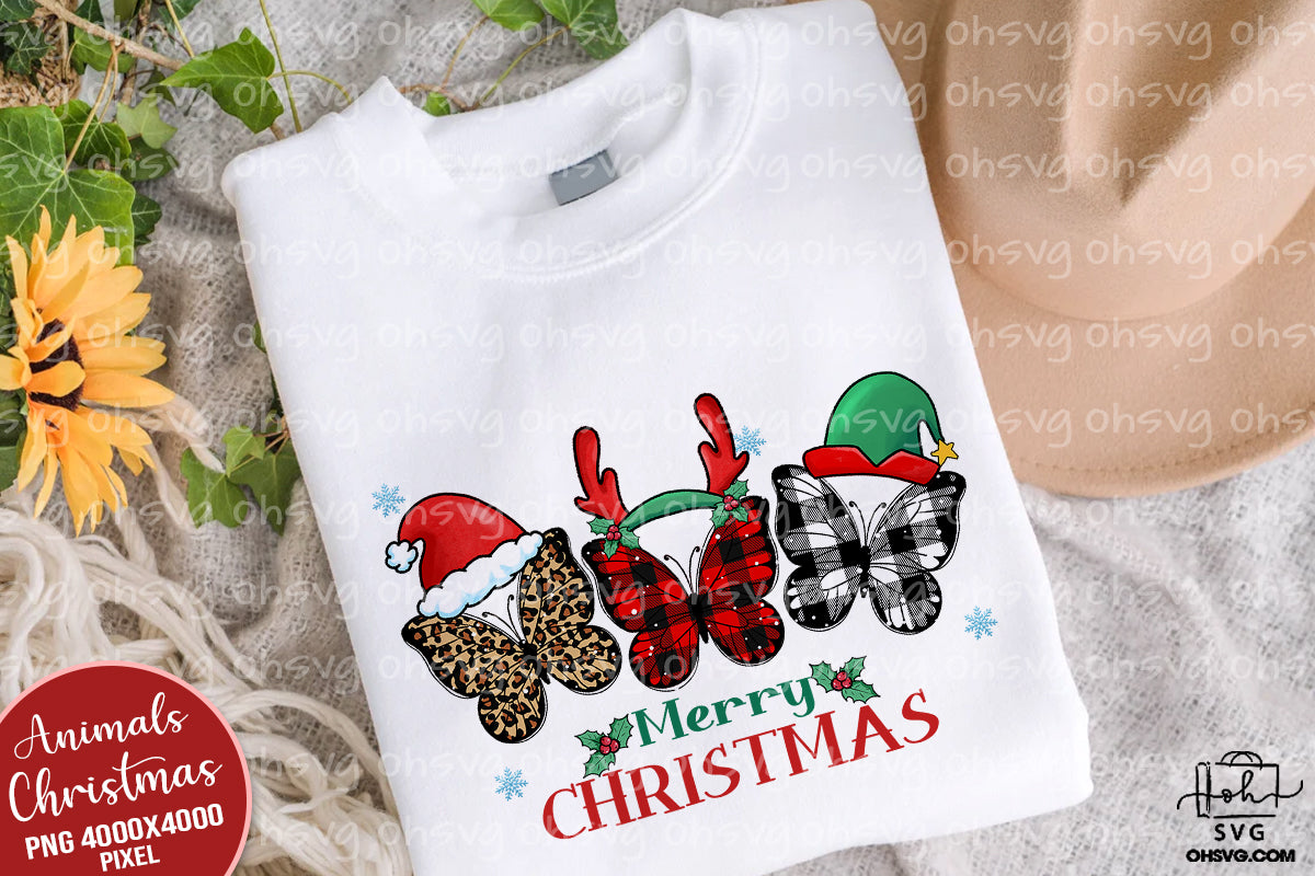 Merry Christmas Butterfly PNG, Plaid Leopard Butterfly PNG, Santa Reindeer Butterfly PNG
