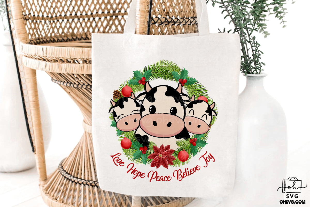 Christmas Cow Wreath PNG, Cow Love Hope Peace Believe Joy Christmas PNG