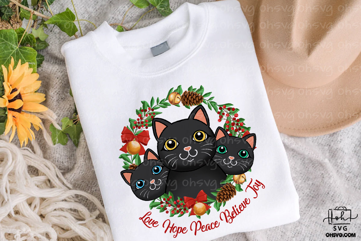 Christmas Black Cat Wreath PNG, Black Cat Love Hope Peace Believe Joy Christmas PNG