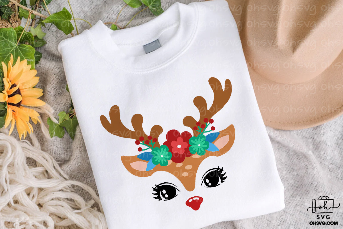 Reindeer With Floral PNG, Christmas Reindeer Face PNG, Cute Reindeer PNG