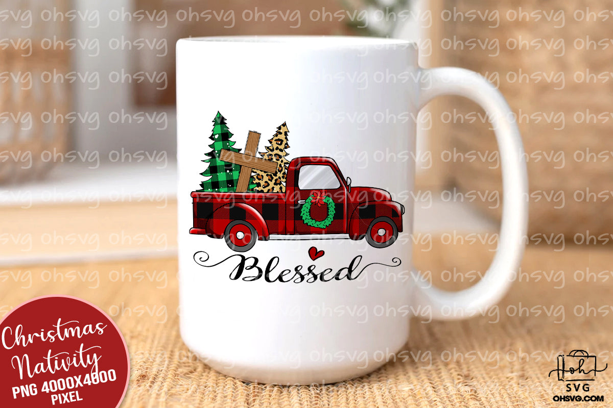 Blessed PNG, Christmas Old Truck PNG, Merry Christmas PNG, Blessed Jesus Christmas PNG