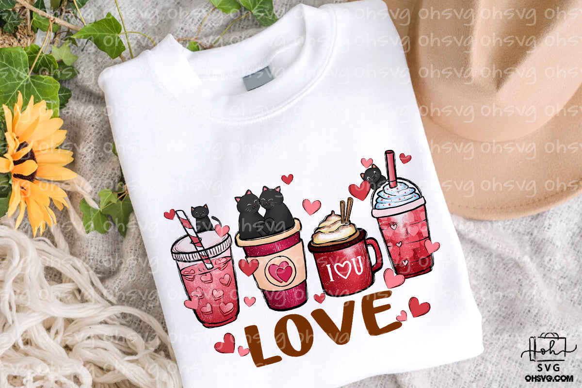 Black Cat Coffee Xoxo Valentine PNG, Black Cat Valentine PNG, Black Cat Drinks Valentine PNG