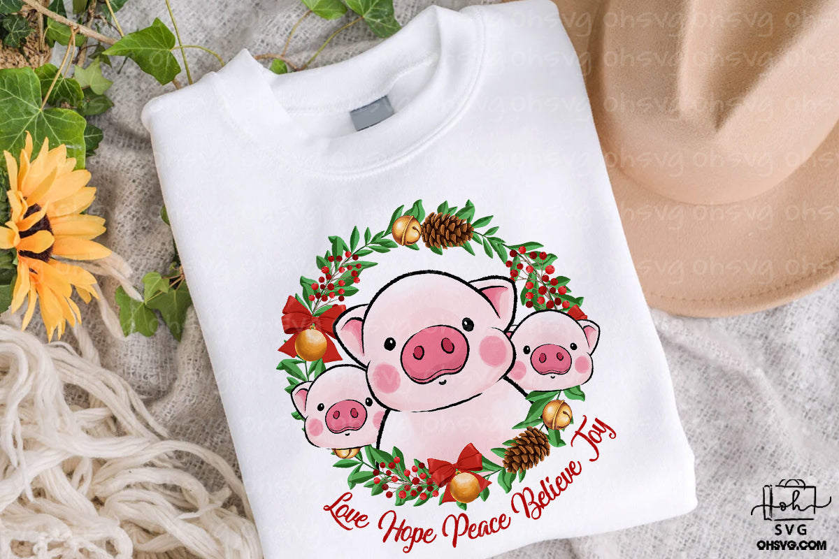 Christmas Pig Wreath PNG, Pig Love Hope Peace Believe Joy Christmas PNG