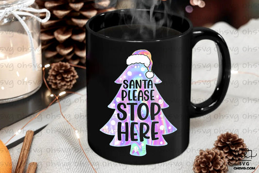 Santa Please Stop Here PNG, Holographic Christmas Tree PNG, Hologram Christmas PNG