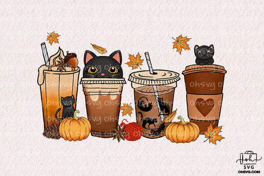 Black Cat Cup Fall Coffee Drink Bundle PNG, Black Cat Pumpkin Spice Latte Iced Warm Cozy PNG