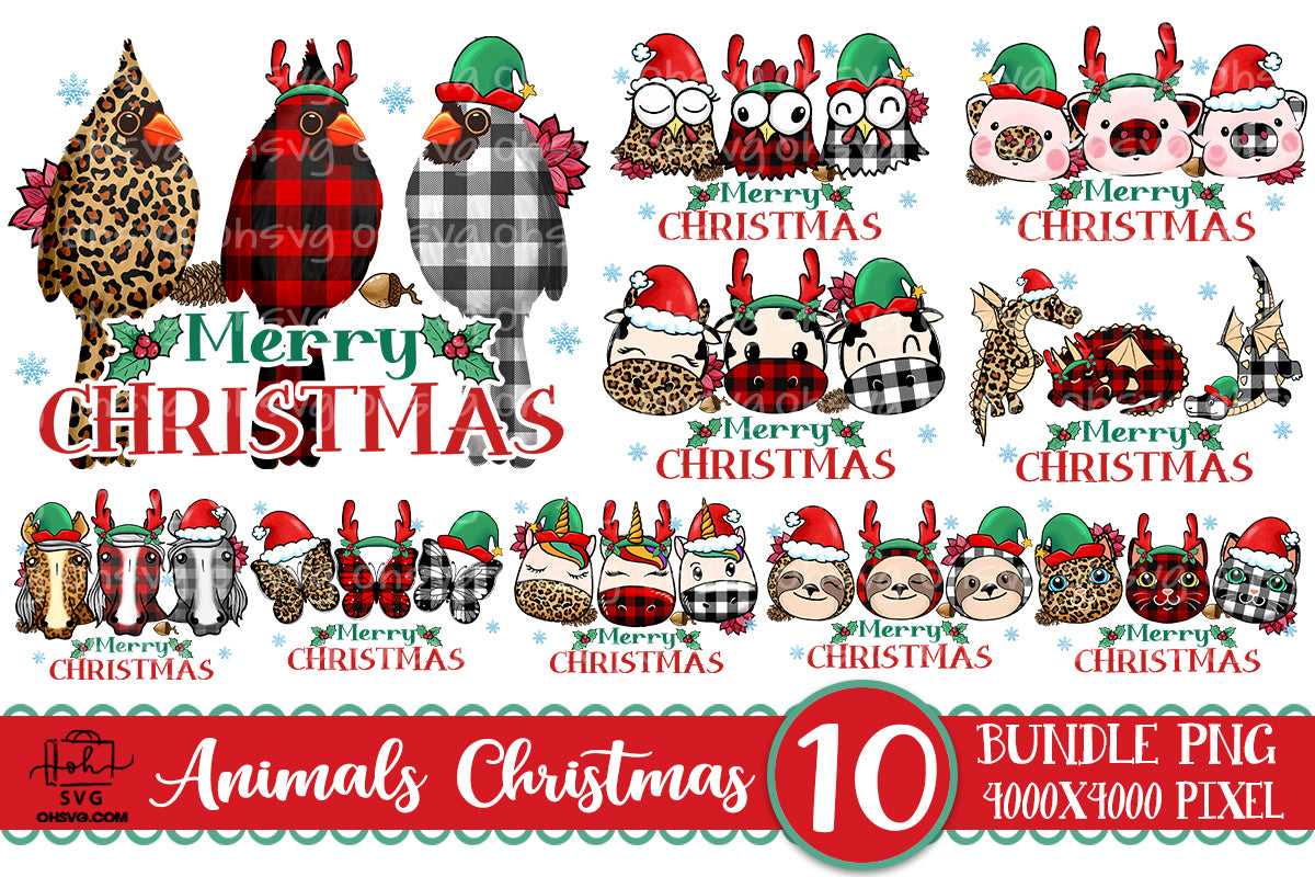 Merry Christmas Animals Bundle PNG, Plaid Leopard Animals PNG, Santa Reindeer Animals PNG