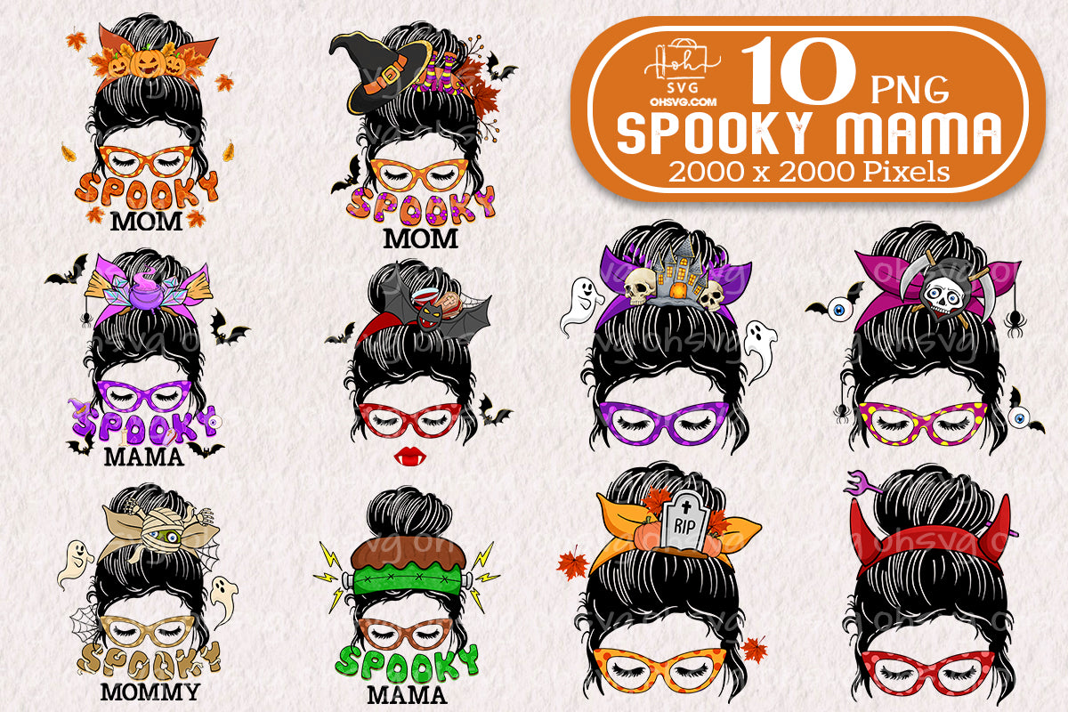 Halloween Messy Bun Mom Bundle PNG, Spooky Mom PNG, Spooky Mama PNG