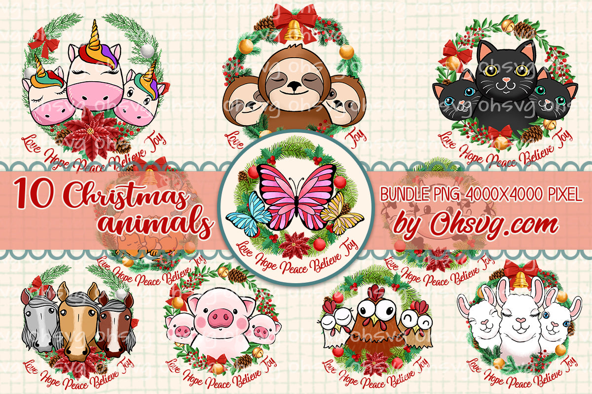 Christmas Animal Wreath Bundle PNG, Animal Love Hope Peace Believe Joy Christmas PNG