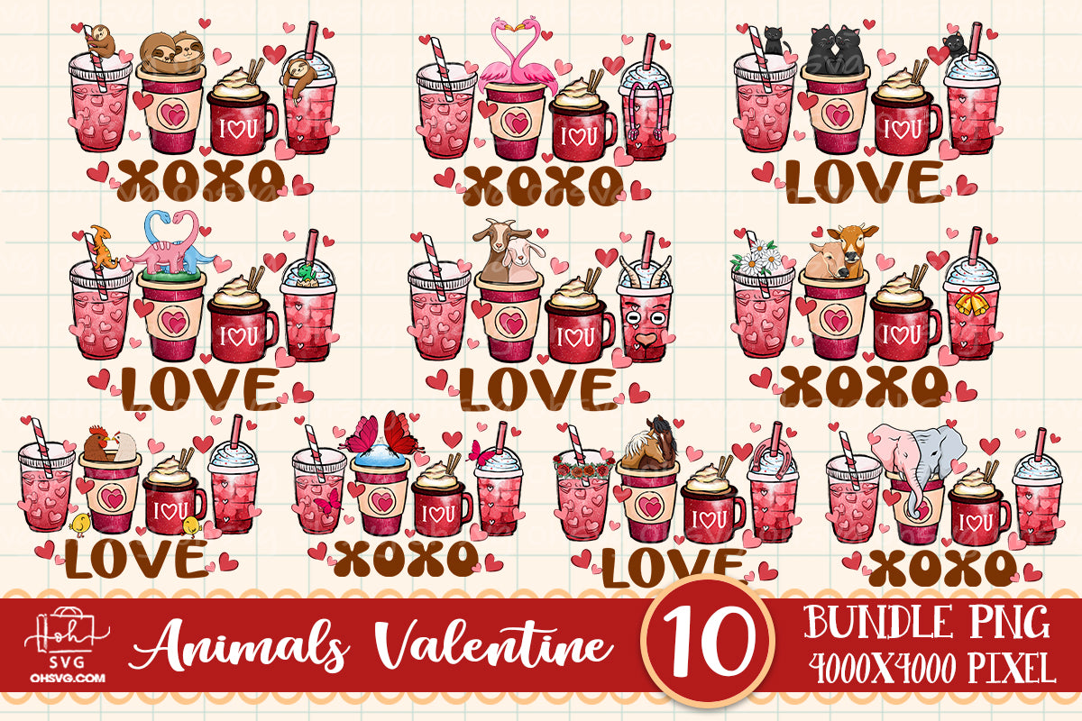 Animals Valentine Coffee Bundle PNG, Animals Valentine Love Xoxo PNG, Animal Drinks Valentine PNG