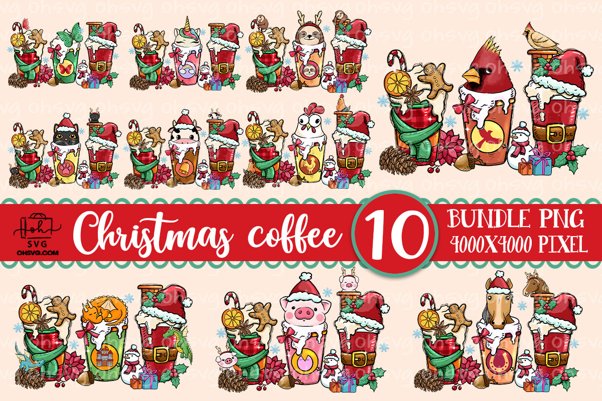 Animal Christmas Coffee Bundle PNG, Animal Coffee PNG, Animal Christmas PNG, Animal Drink Cups PNG