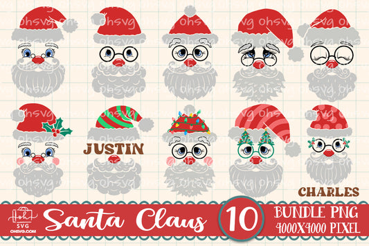 Santa Claus Face Bundle PNG, Custom Name Santa Face PNG, Cute Santa Face Christmas PNG