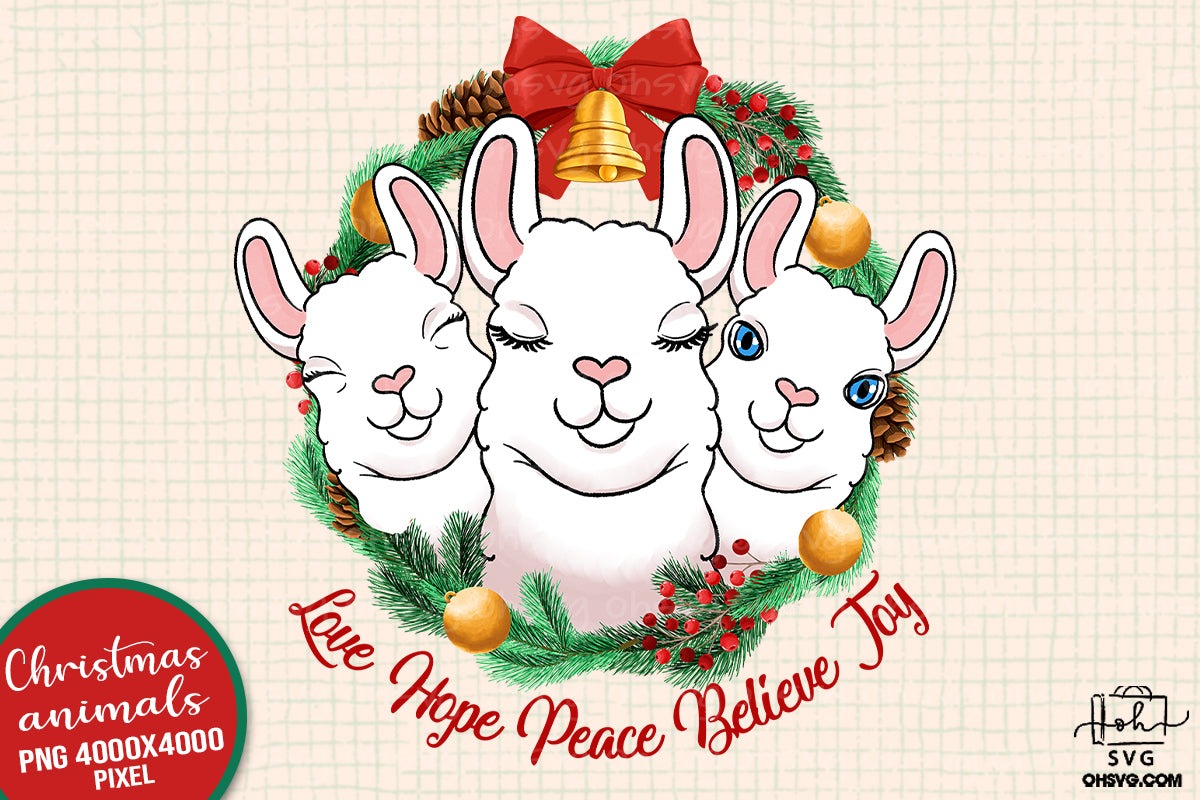 Christmas Llama Wreath PNG, Llama Love Hope Peace Believe Joy Christmas PNG