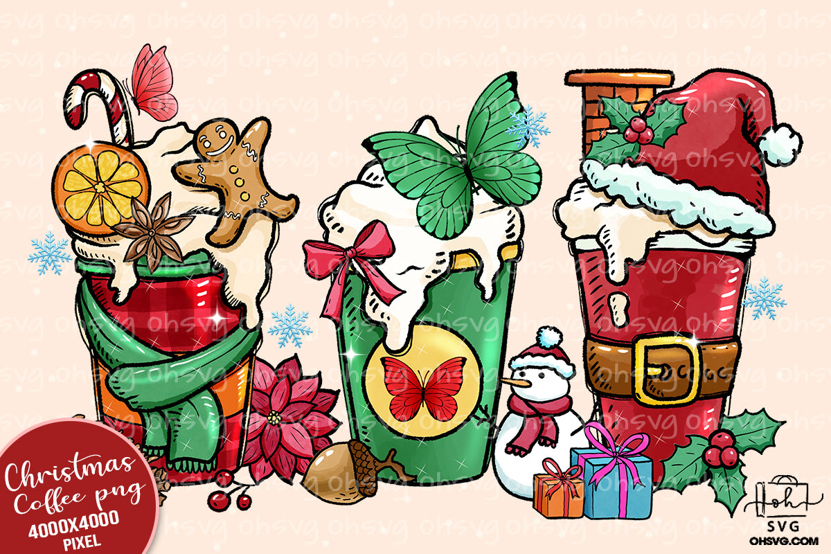 Butterfly Christmas Coffee PNG, Butterfly Coffee PNG, Butterfly Christmas PNG, Butterfly Drink Cups PNG