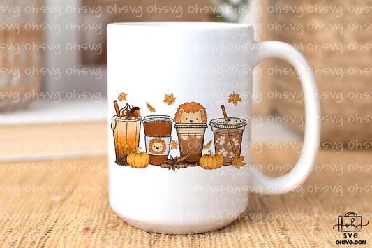 Lion Cup Fall Coffee Drink Bundle PNG, Lion Pumpkin Spice Latte Iced Warm Cozy PNG