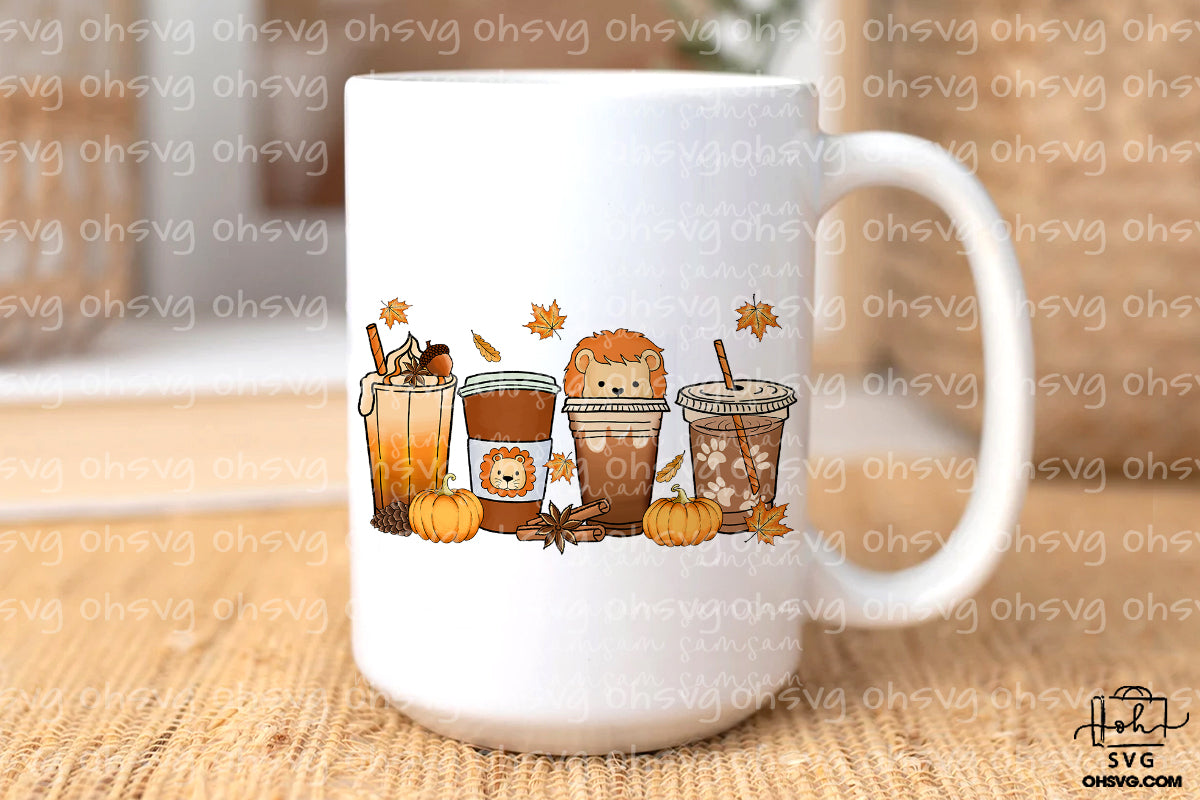 Lion Cup Fall Coffee Drink Bundle PNG, Lion Pumpkin Spice Latte Iced Warm Cozy PNG