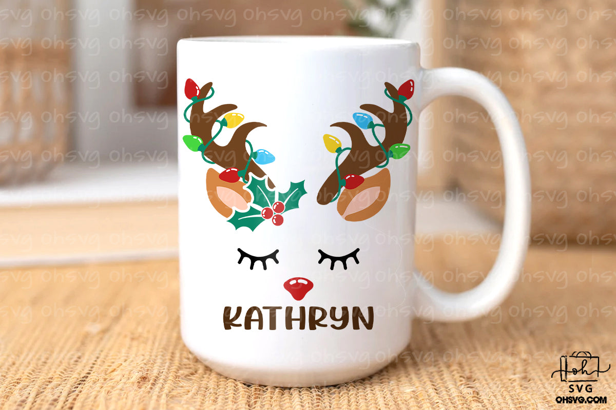 Reindeer With Christmas Lights And Holly Leaves PNG, Christmas Reindeer Face PNG