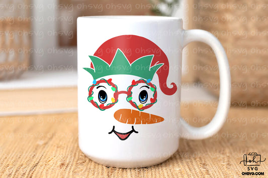 Snowman Face Elf Hat & Glasses Christmas Lights PNG, Cute Snowman Face PNG