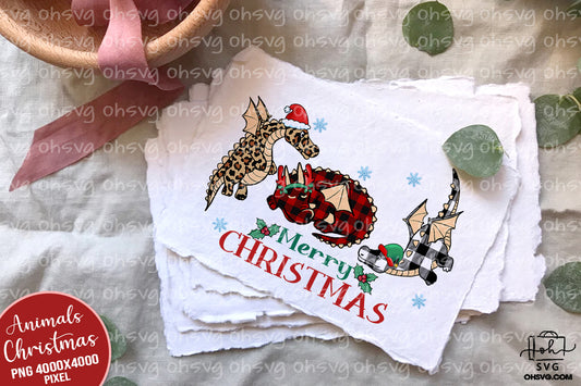 Merry Christmas Dragon PNG, Plaid Leopard Dragon PNG, Santa Reindeer Dragon PNG