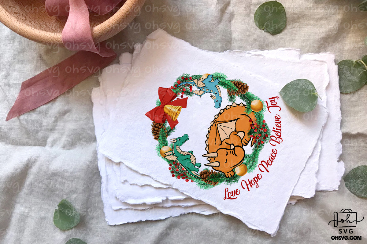 Christmas Dragon Wreath PNG, Dragon Love Hope Peace Believe Joy Christmas PNG