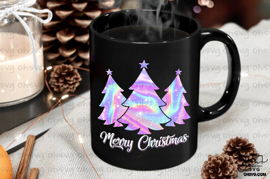 Merry Christmas PNG, Holographic Pine Trees PNG, Hologram Christmas PNG