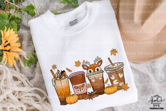 Deer Cup Fall Coffee Drink Bundle PNG, Deer Pumpkin Spice Latte Iced Warm Cozy PNG