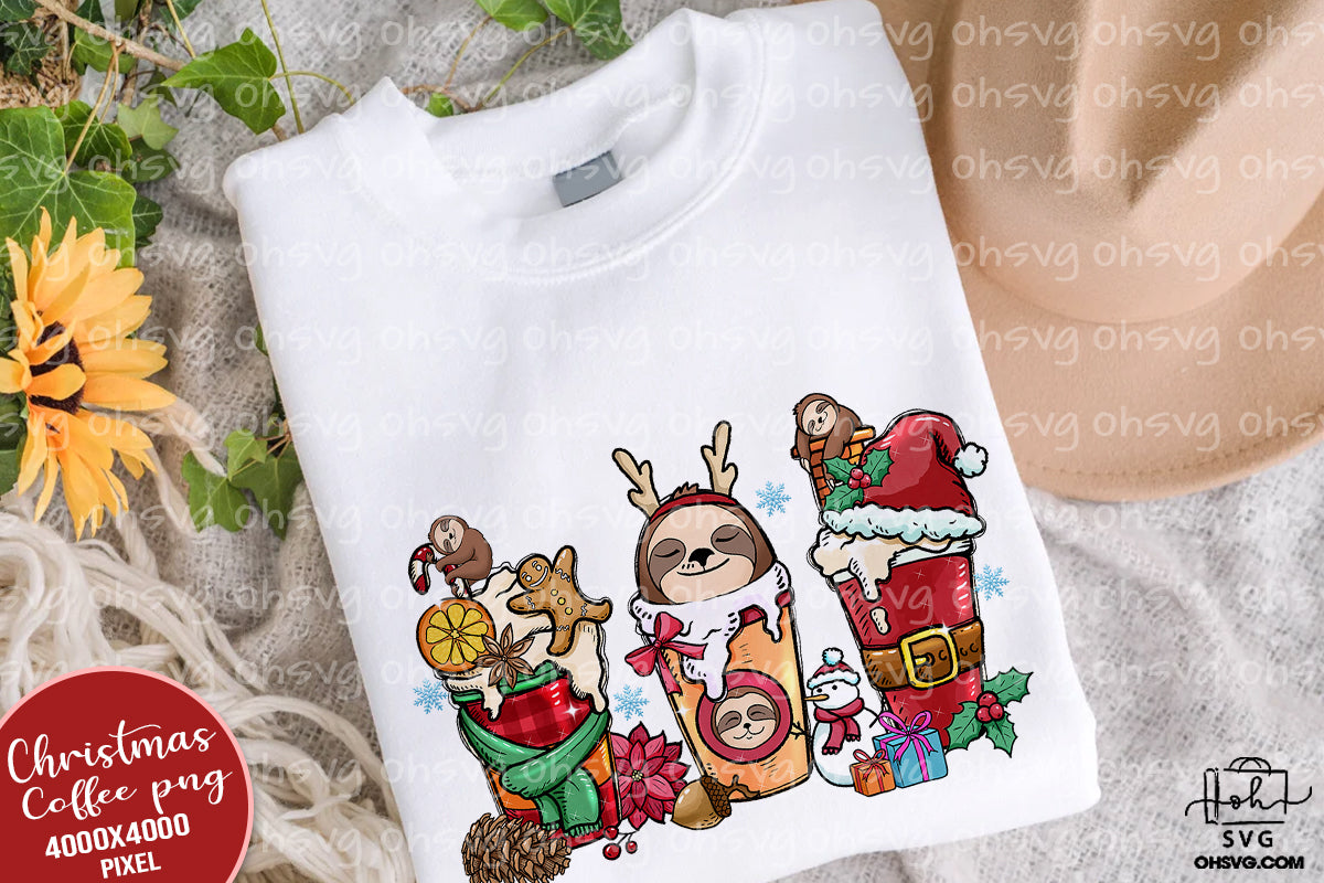 Sloth Christmas Coffee PNG, Sloth Coffee PNG, Sloth Christmas PNG, Sloth Drink Cups PNG