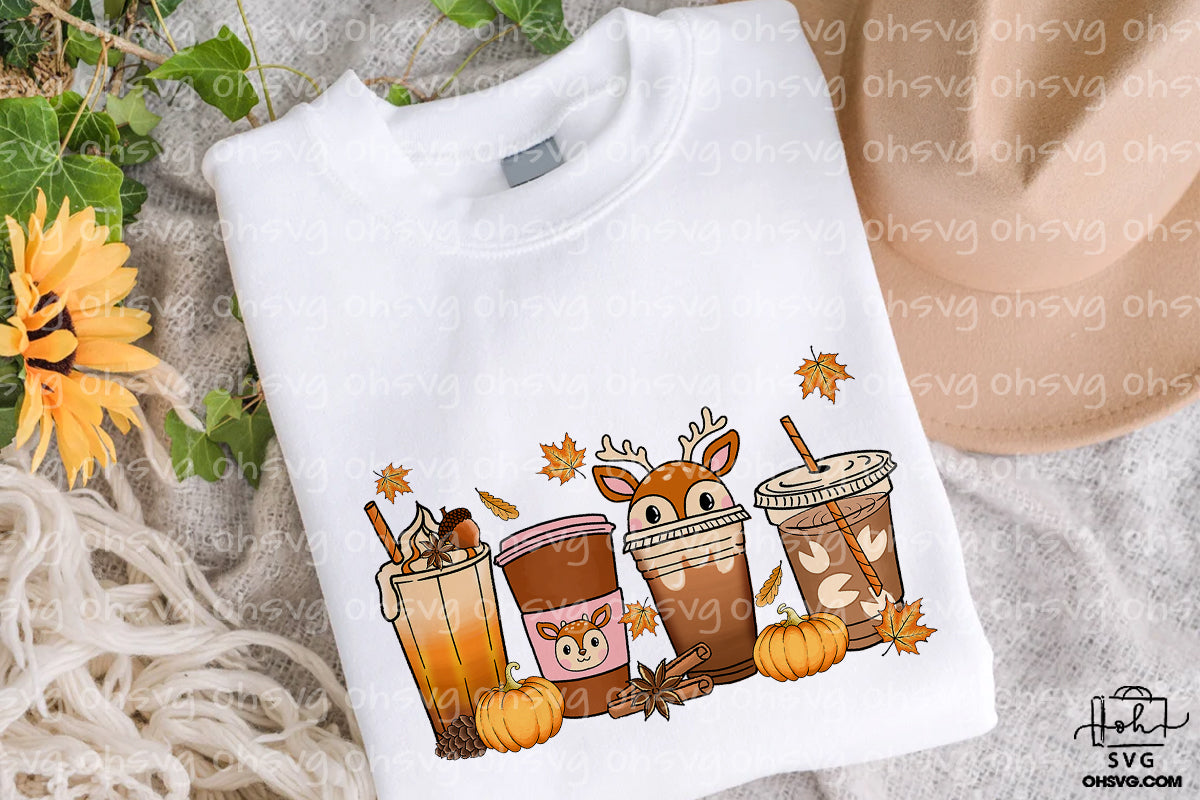 Deer Cup Fall Coffee Drink Bundle PNG, Deer Pumpkin Spice Latte Iced Warm Cozy PNG