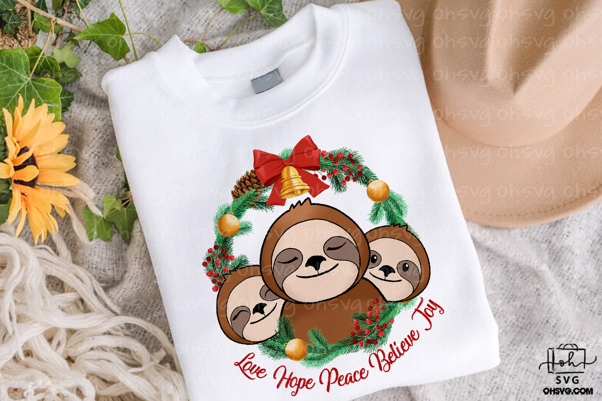 Christmas Sloth Wreath PNG, Sloth Love Hope Peace Believe Joy Christmas PNG