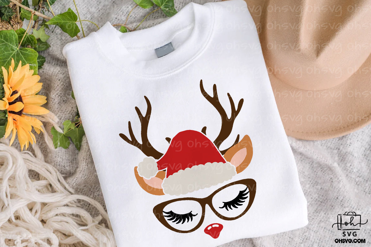 Reindeer With Santa Hat And Glasses PNG, Christmas Reindeer Face PNG