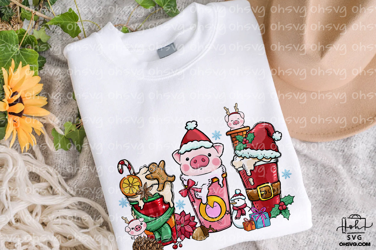 Pig Christmas Coffee PNG, Pig Coffee PNG, Pig Christmas PNG, Pig Drink Cups PNG