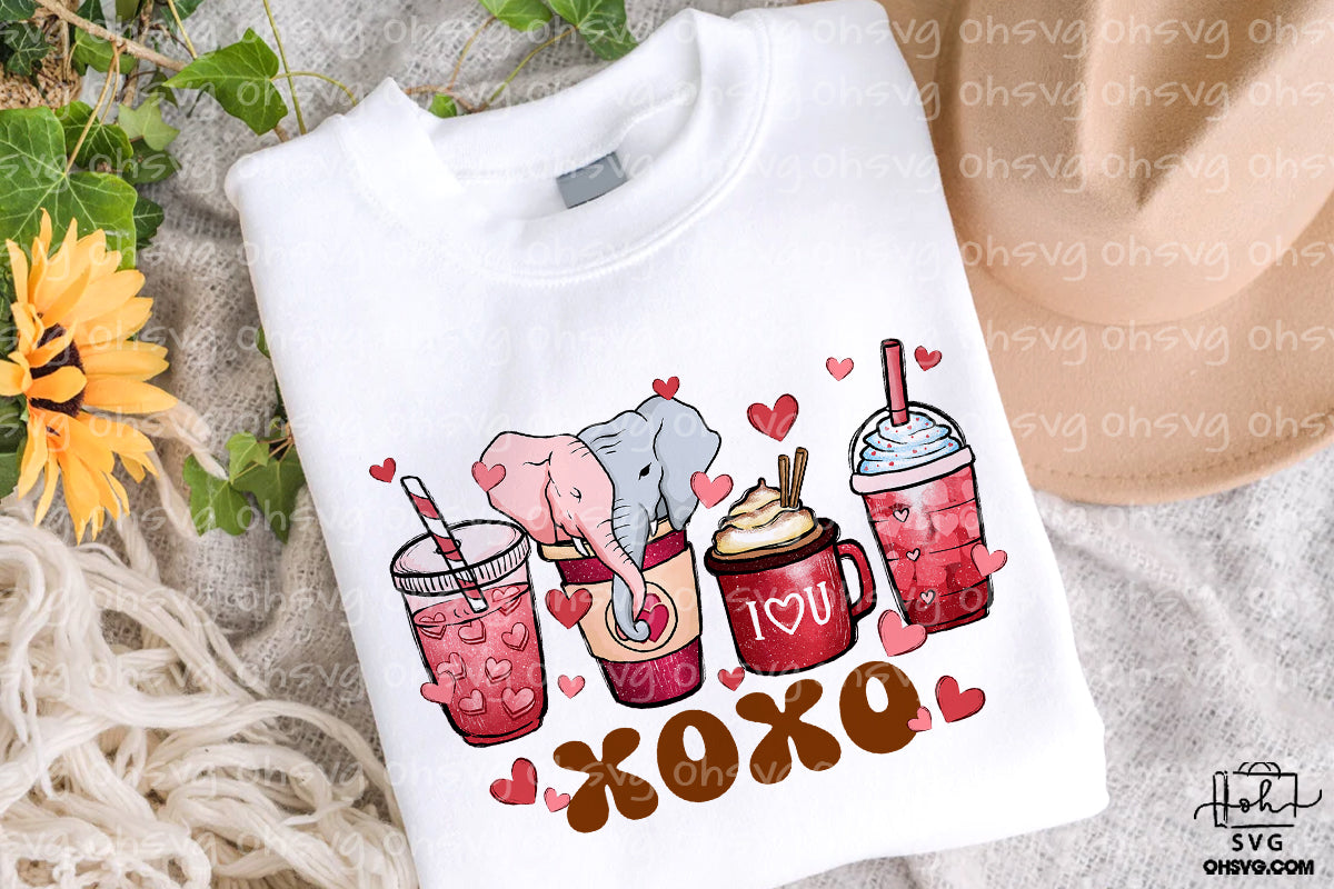 Elephant Coffee Xoxo Valentine PNG, Elephant Valentine PNG, Elephant Drinks Valentine PNG
