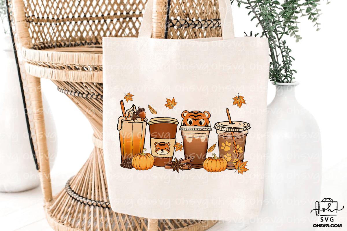 Tiger Cup Fall Coffee Drink Bundle PNG, Tiger Pumpkin Spice Latte Iced Warm Cozy PNG