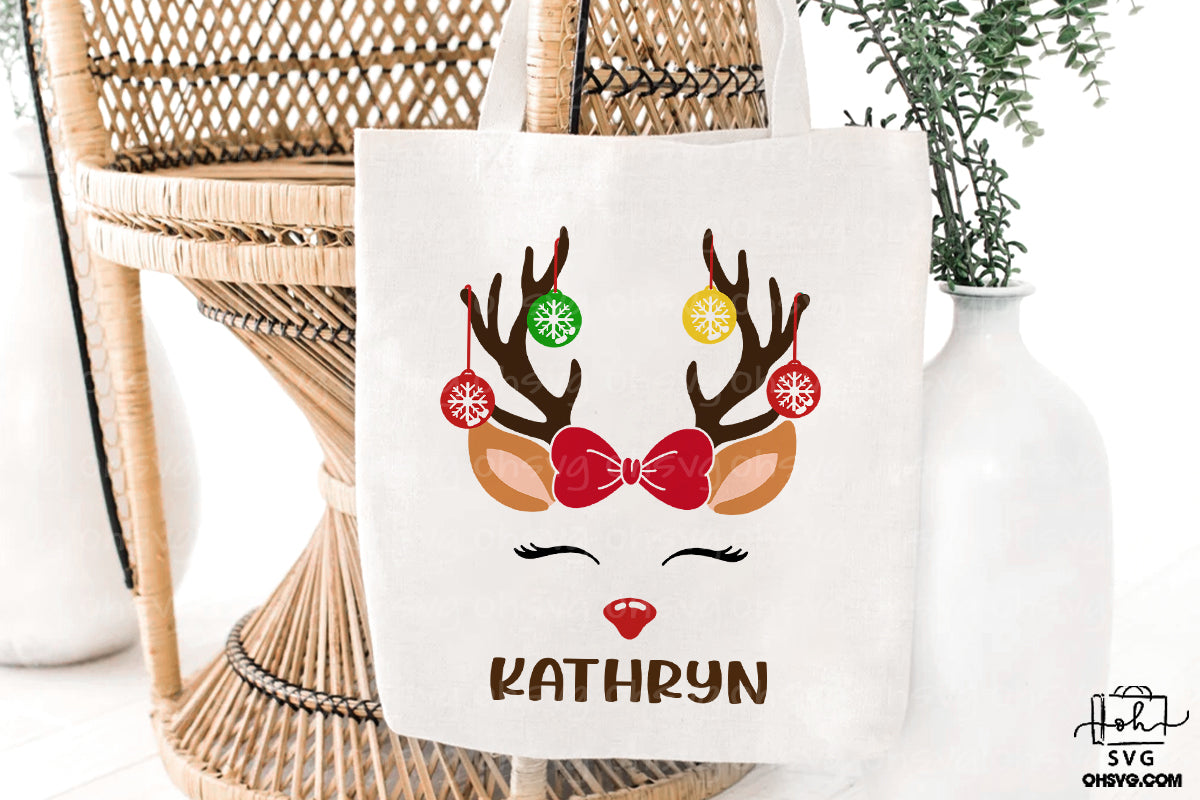 Reindeer With Ornaments & Bow PNG, Custom Name Christmas Reindeer Face PNG