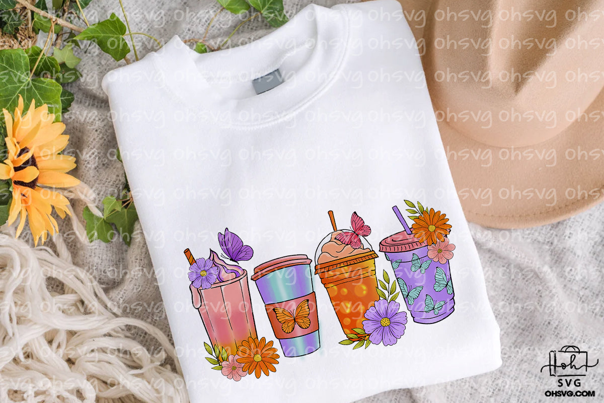 Butterfly Cup Coffee Drink PNG, Butterfly Latte Iced Warm Cozy Hand Drawn PNG