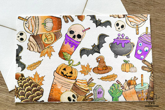 Halloween Coffee Bundle PNG, Pumpkin Spice Latte Iced Autumn Orange PNG Hand Drawn Clipart