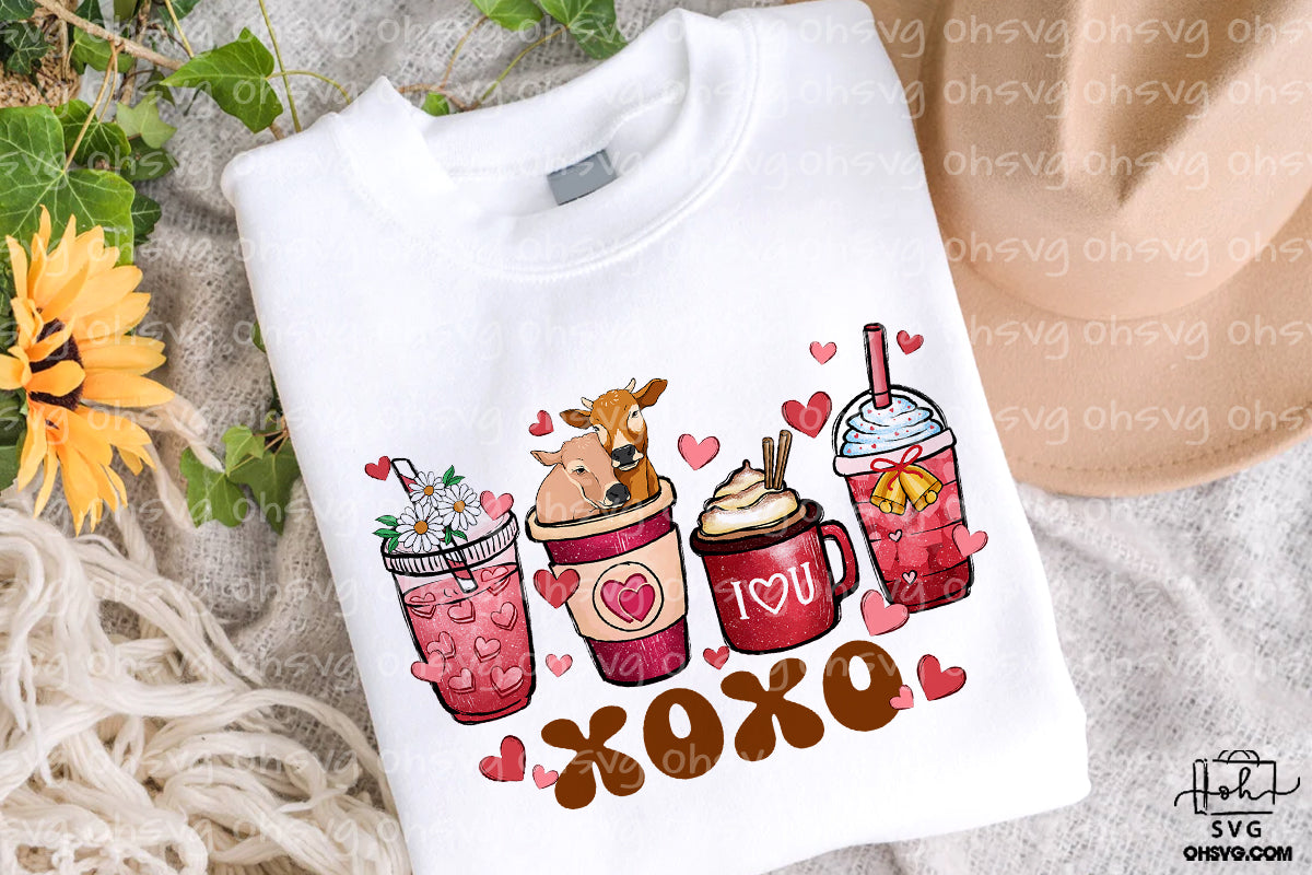 Cow Coffee Xoxo Valentine PNG, Cow Valentine Love PNG, Cow Drinks Valentine PNG