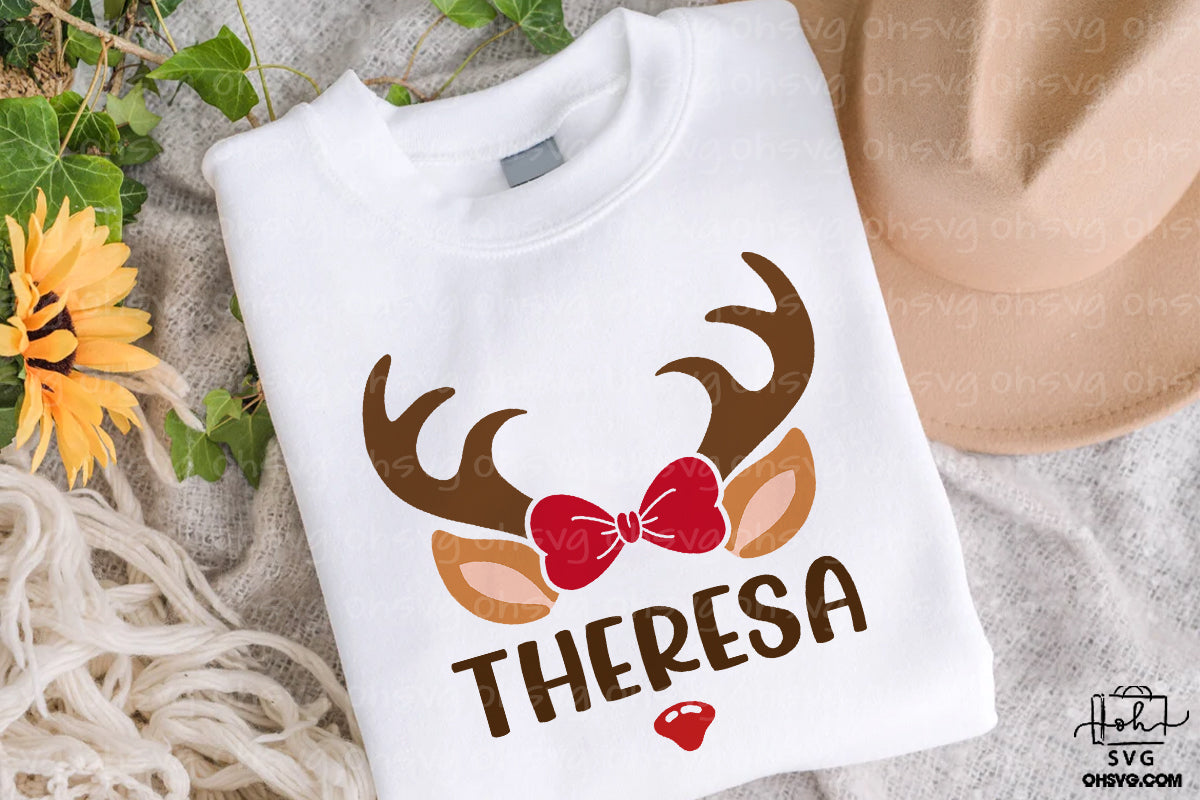 Custom Name Monogram Reindeer Face PNG, Reindeer With Bow PNG