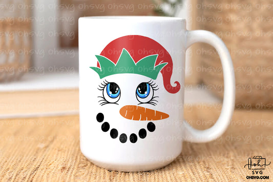 Snowman Face With Elf Hat PNG, Cute Snowman Face PNG, Christmas Snowman PNG