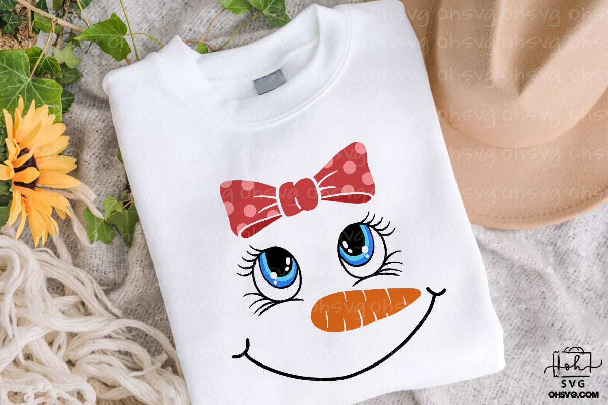 Snowman Face Girl With Bow PNG, Cute Snowman Face PNG, Christmas Snowman PNG