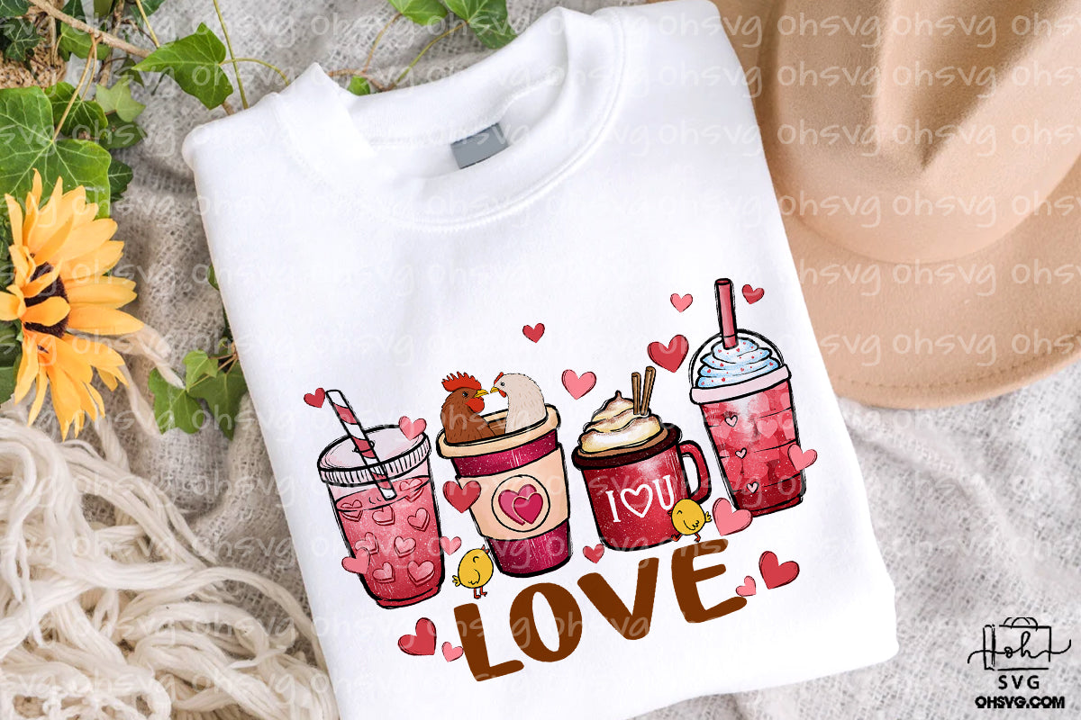 Chicken Coffee Xoxo Valentine PNG, Chicken Valentine Love PNG, Chicken Drinks Valentine PNG