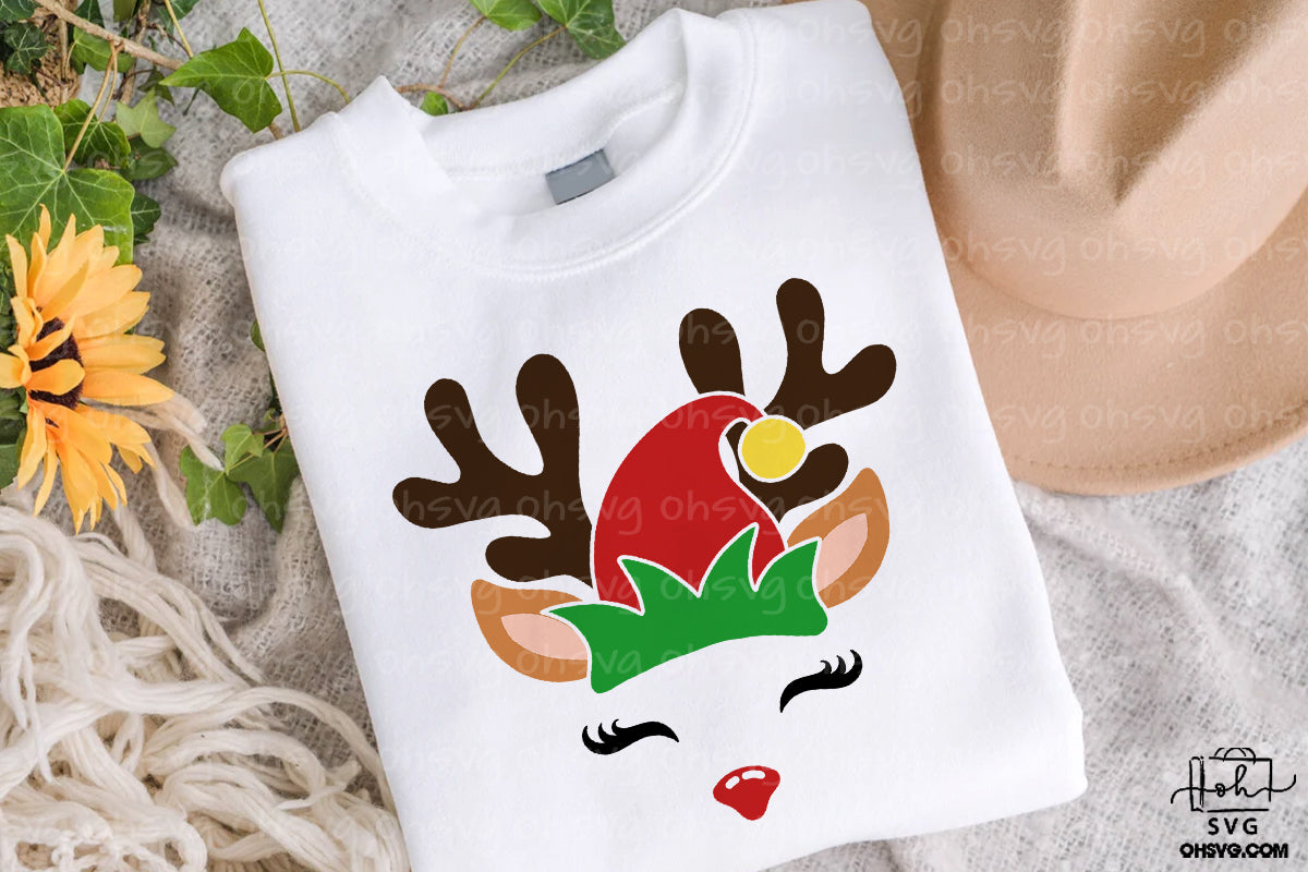 Reindeer With ELF Hat PNG, Christmas Reindeer Face PNG